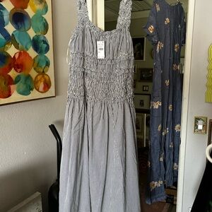 Smocked Midi Dress in Blue and White Stripe